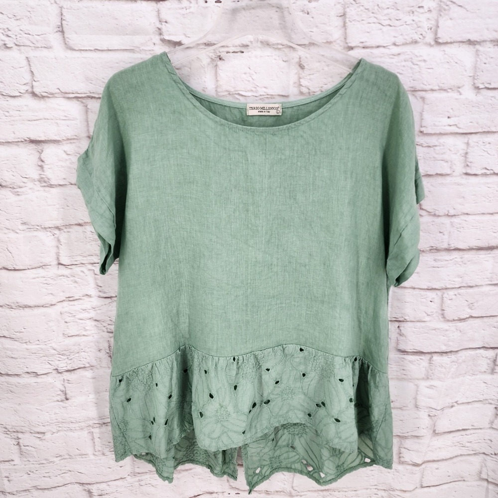 Terzo Millenio Collection Mint Green Linen Peplum Blouse